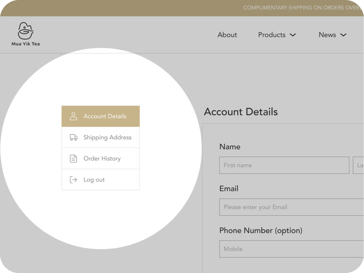 會員頁的 Account Details，左側是四個功能的 Tab、右側是表單