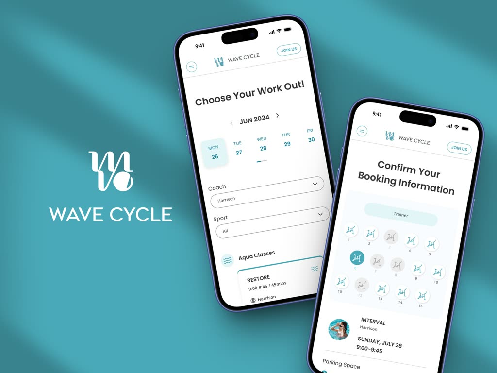 Wave Cycle App 水養力的封面：兩支手機顯示課程選擇與預約確認畫面